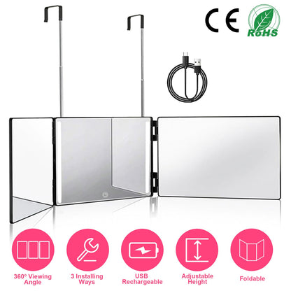 3 Way Mirror with LED Telescopic Hanger Tri-fold Mirror Personal Makeup Mirror with Micro USB Cable for Self Shaving Hair Cutting Dyeing Curling Braid
