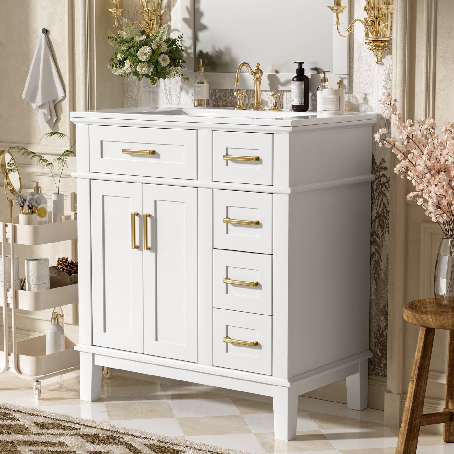 30" Bathroom Vanity with Ceramic Sink and Modern Storage Cabinet