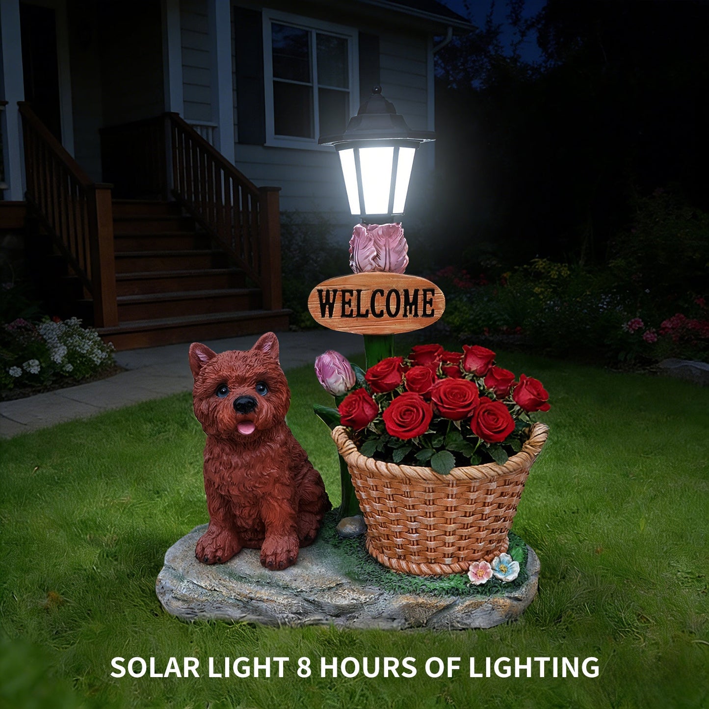 Sitting Puppy Solar Planter Outdoor Statue