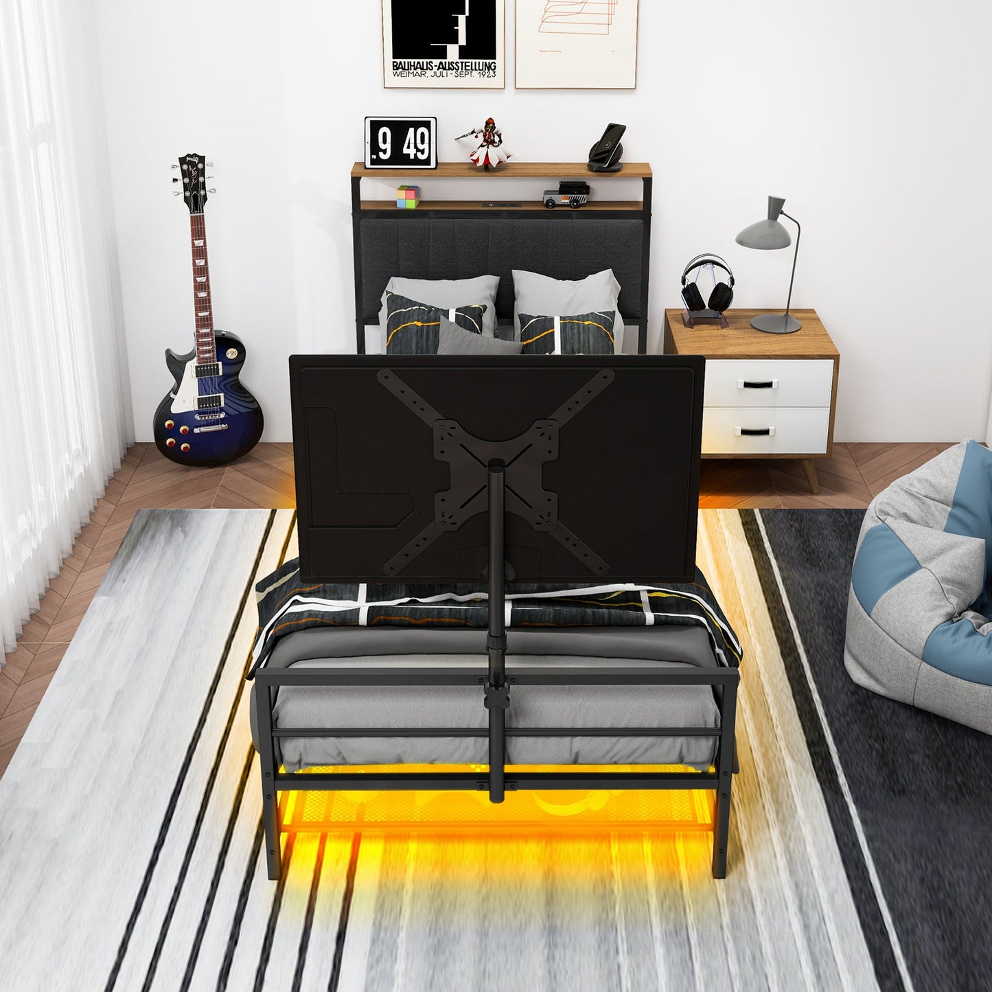 Twin Size Gaming Bed with Rotating TV Mount and LED Lighting