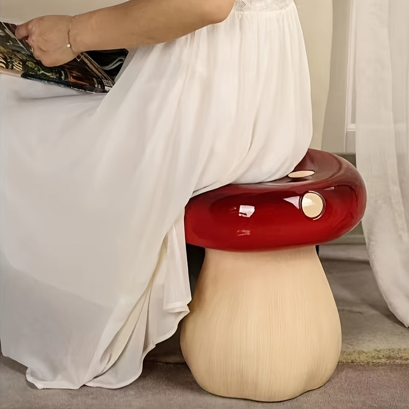 13.8" Oversized Mushroom Statue Stool with Forest Base
