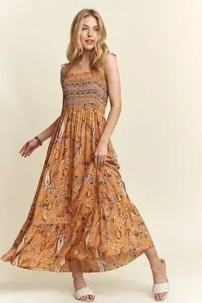 Square Neck Tie Shoulder Dress - Smocked & Floral | Femstylo
