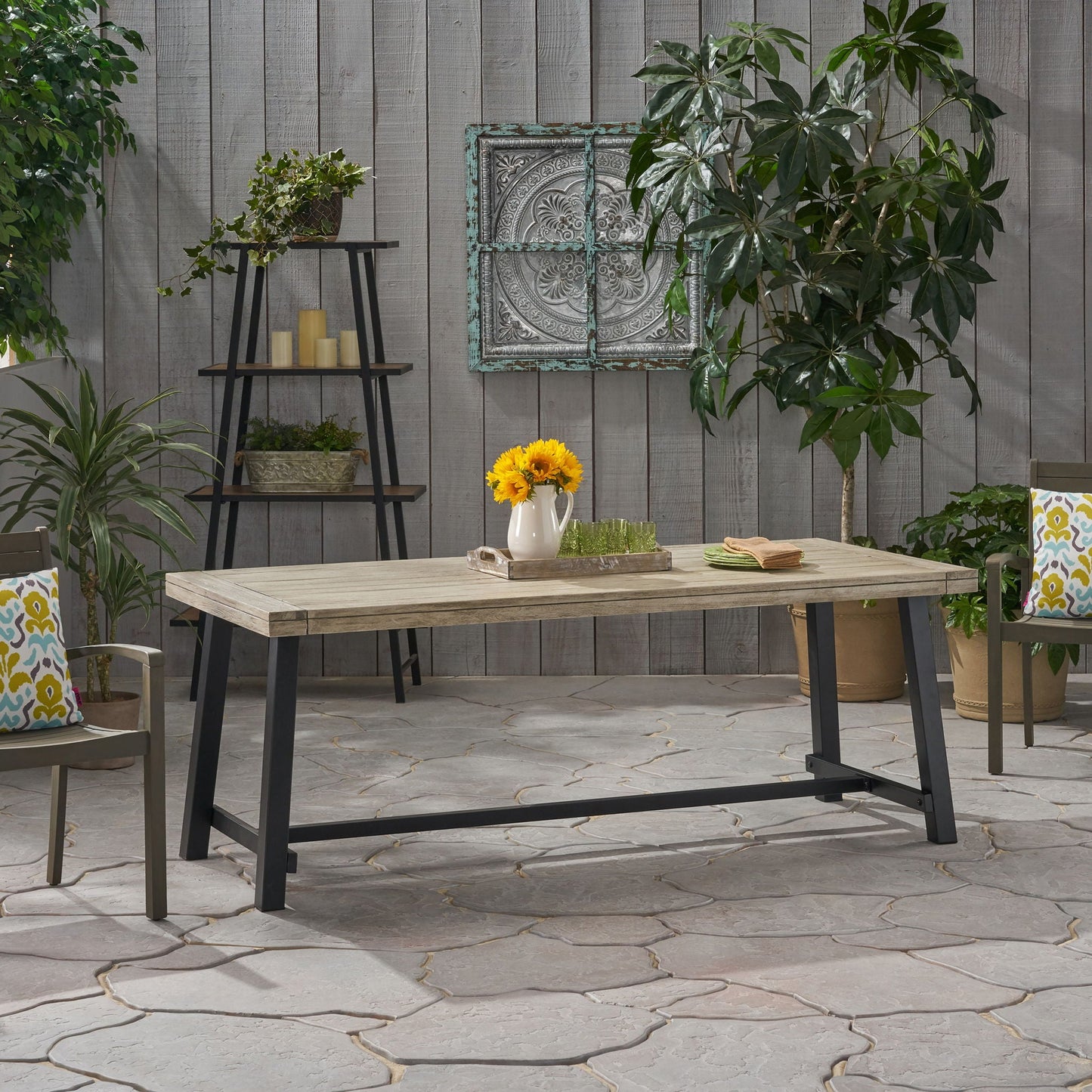 Equilibrium Outdoor Dining Table with Wooden Frame and Slat Top