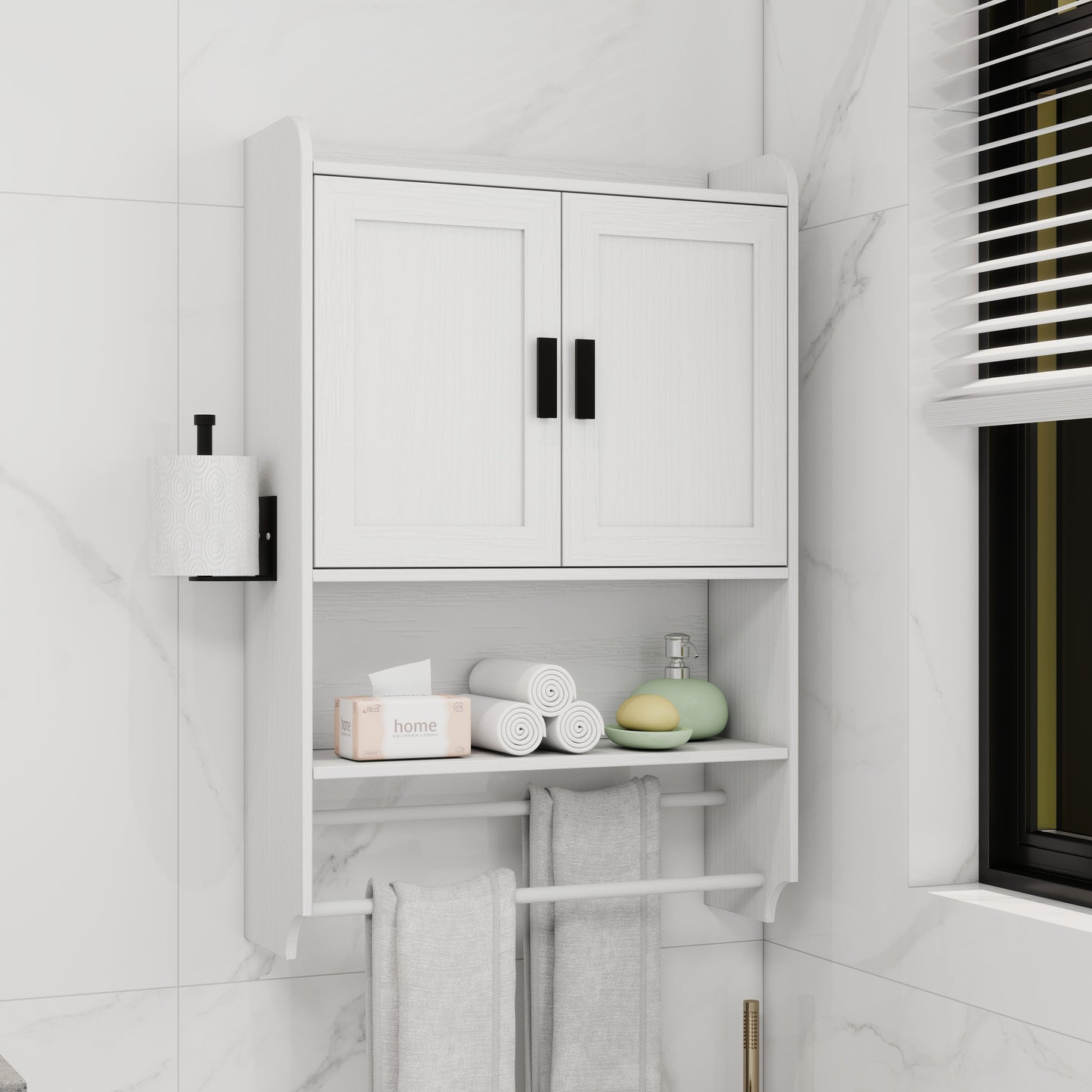 Bathroom Wall Cabinet with Doors, Adjustable Shelf, Towel Bar, and Paper Holder