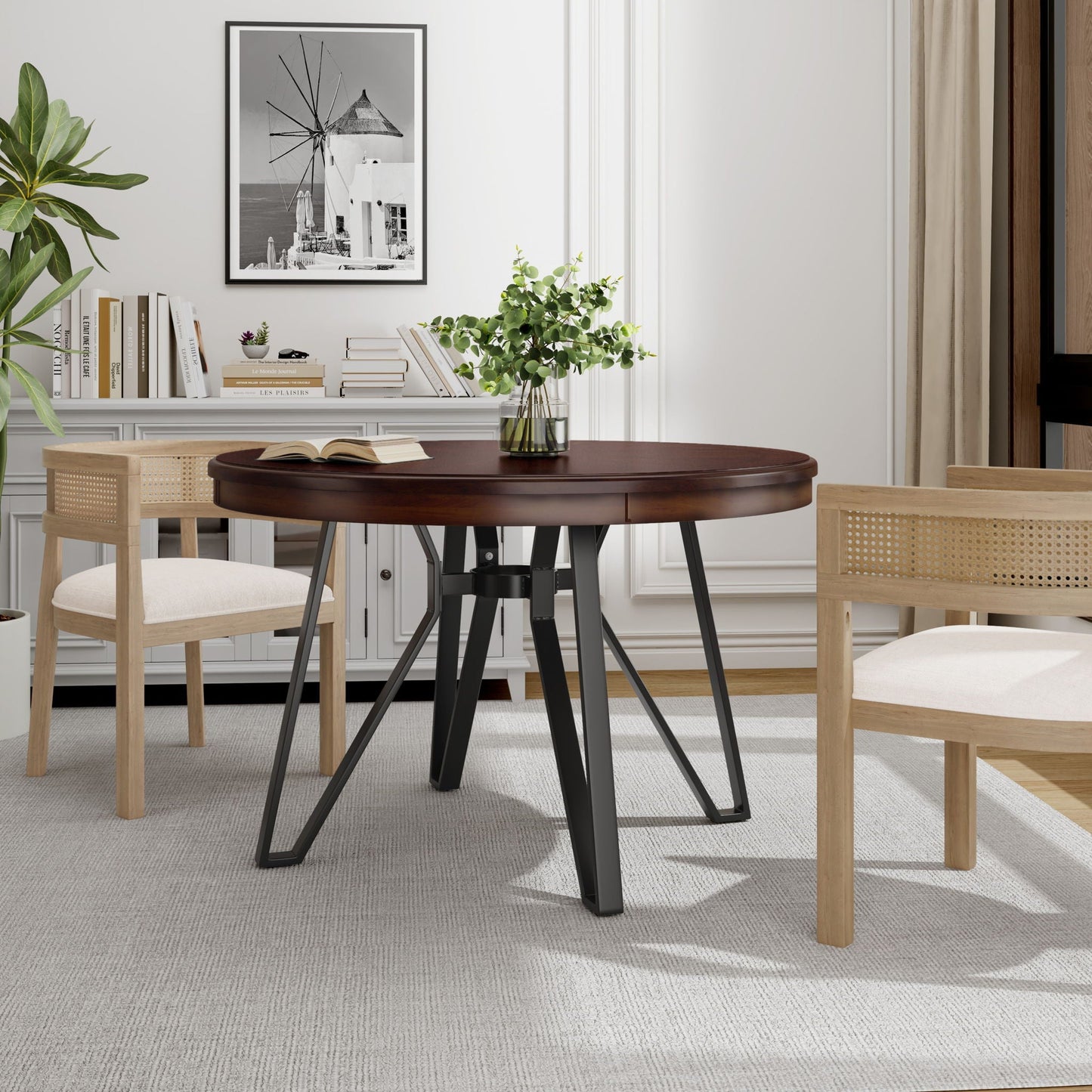 Mid Century Modern Round Dining Table with Metal Legs and Open Shelf