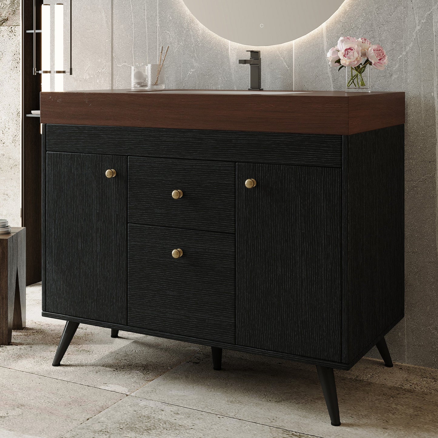 36" Modern Freestanding Bathroom Vanity with Sintered Stone Top, Ceramic Sink & Smart Storage