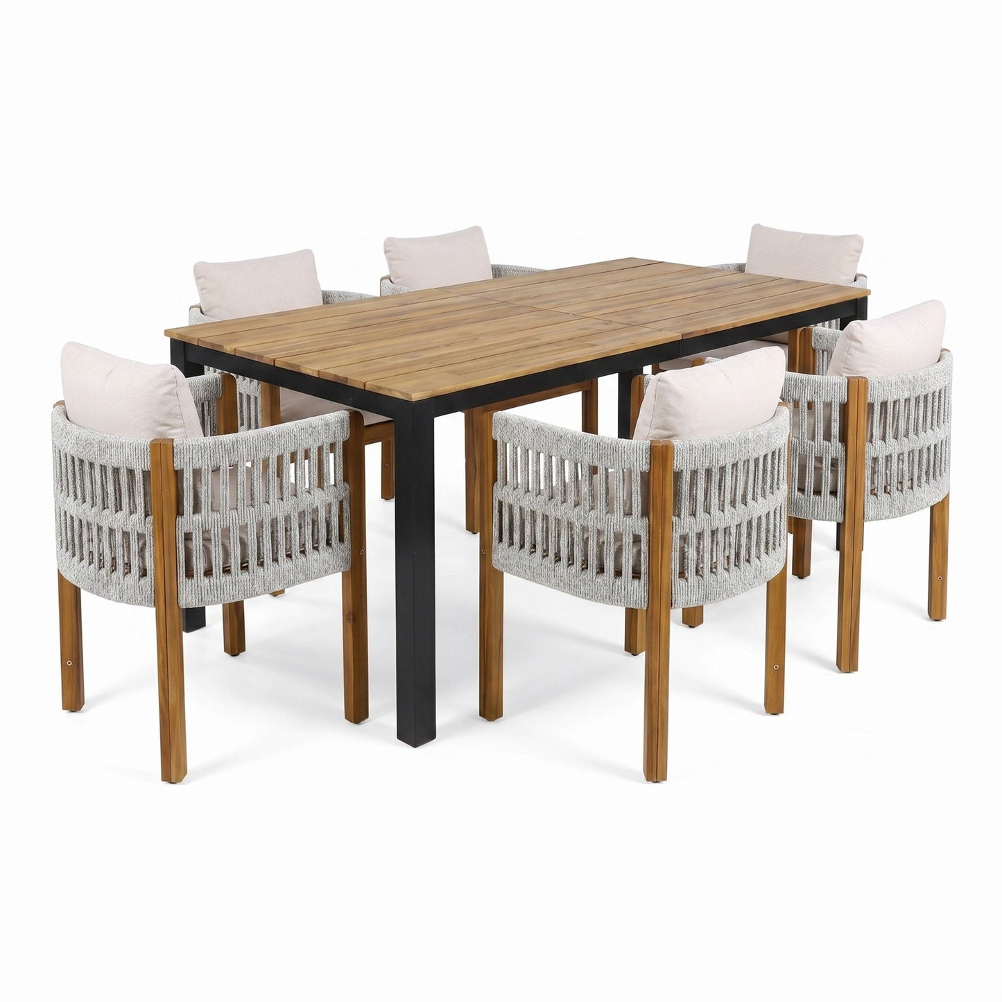 7 Piece Outdoor Dining Set with Table and Chairs - Beige / Teak / White