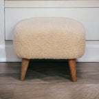Solid Wood Boucle Upholstered Square Footstool