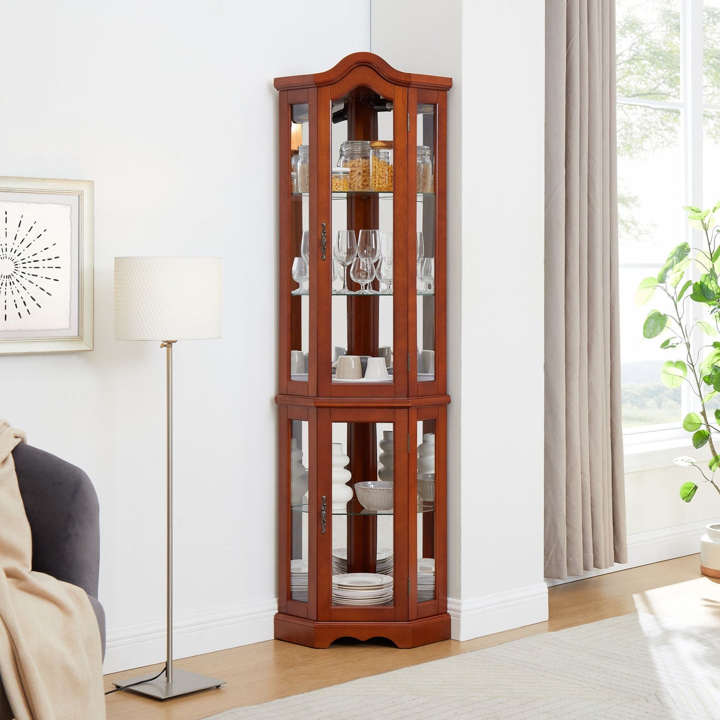 Corner Curio Cabinet With Lights, Adjustable Shelves, Mirrored Back - Walnut