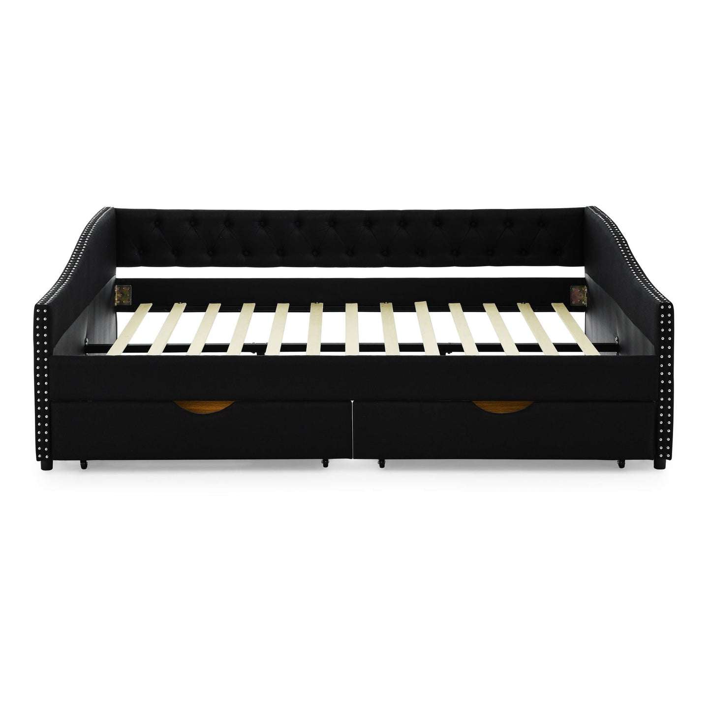 Upholstered Tufted Daybed With 2 Drawers, Waved Arms