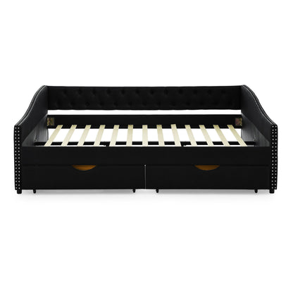 Upholstered Tufted Daybed With 2 Drawers, Waved Arms