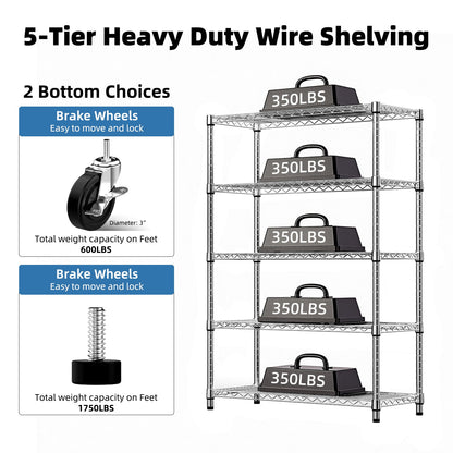 5-Shelf Wire Storage Shelving Unit with Heavy Duty Carbon Steel - Chrome