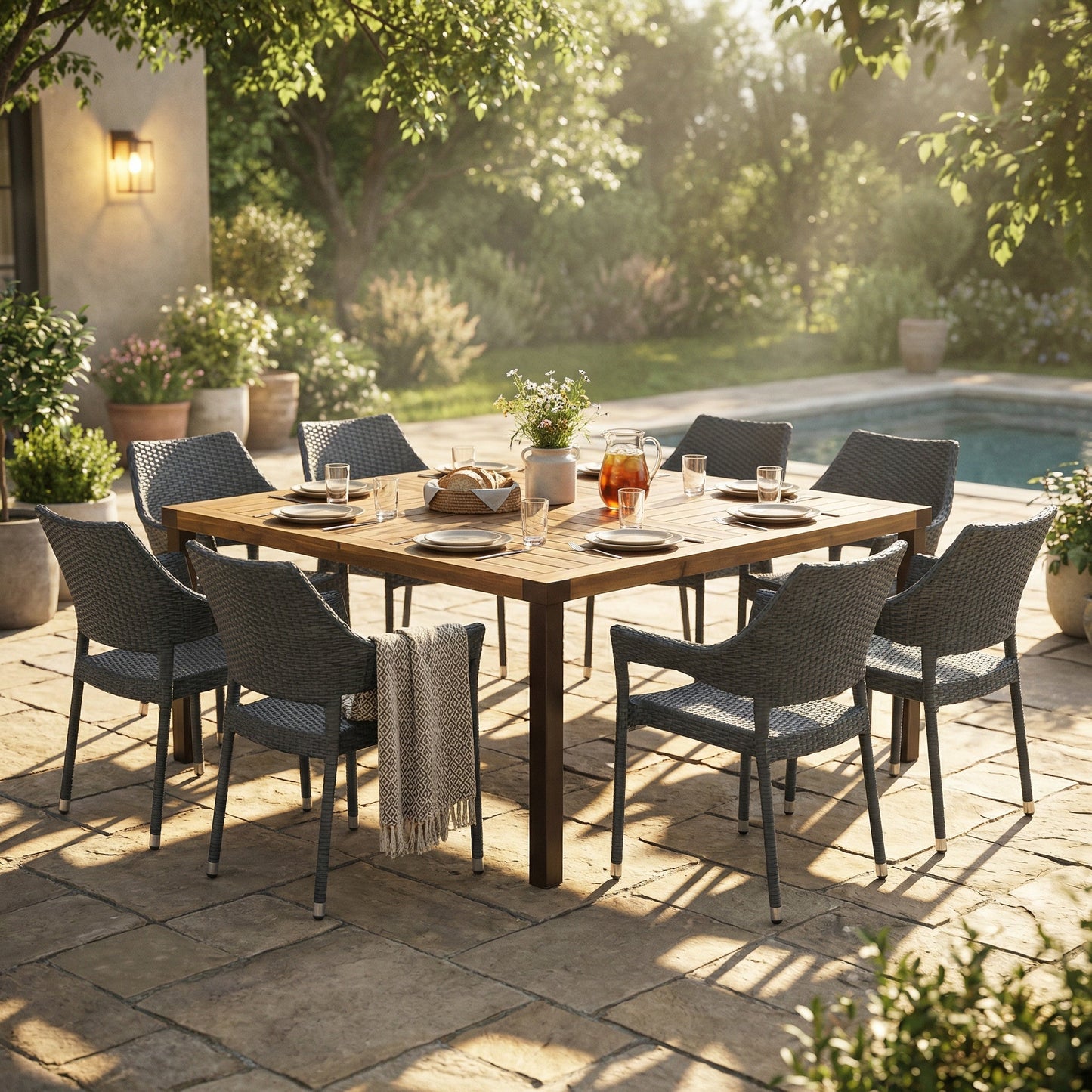 9 PCS Outdoor Dining Set with 64" Solid Wood Table and Chairs