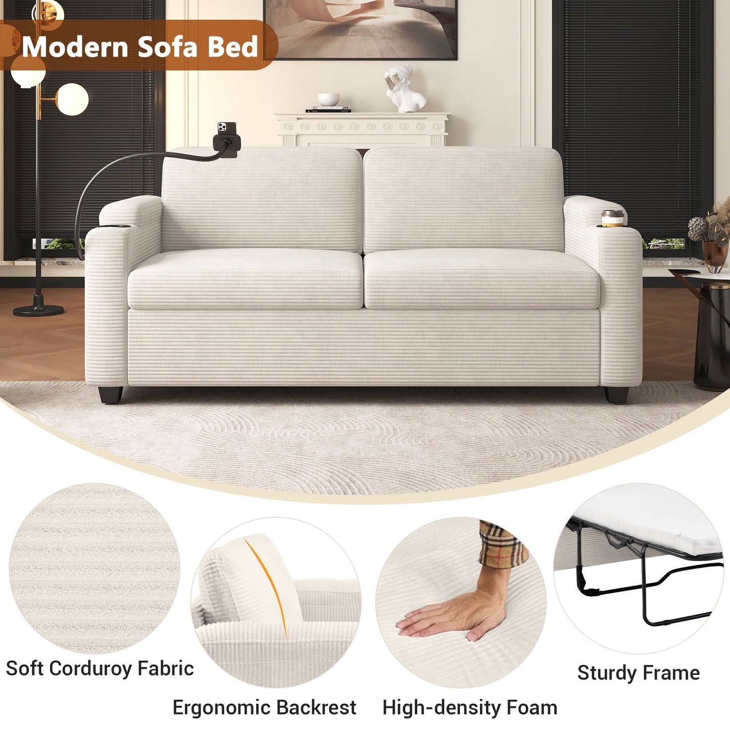 Sleeper Sofa Loveseat Sofa With Full Size Mattress, 2 USB Ports, 2 Cup Holders, 2 Side Pockets And Phone Holder