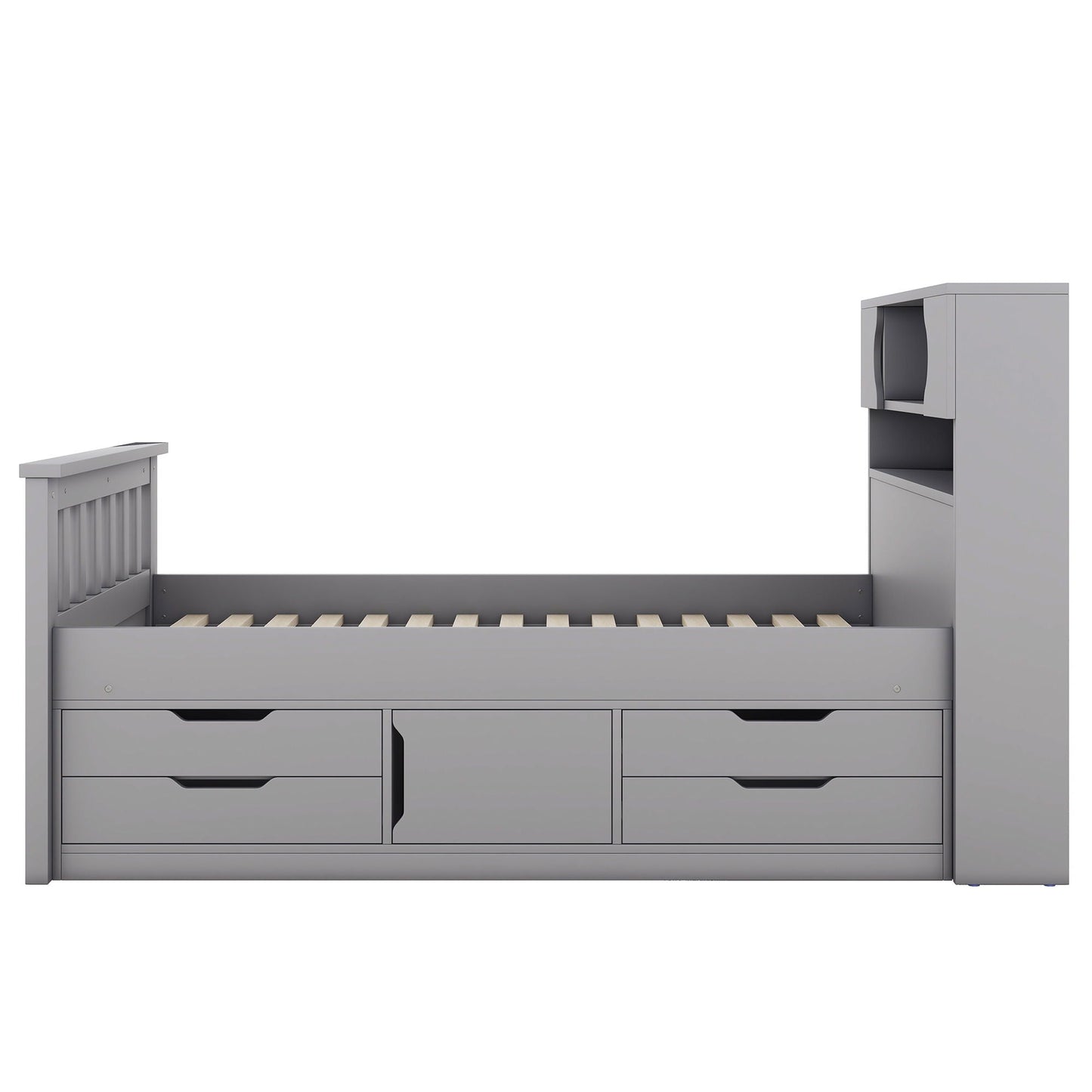 Captain Platform Bed Frame With Storage Bookcases, Shelves, And 4 Drawers