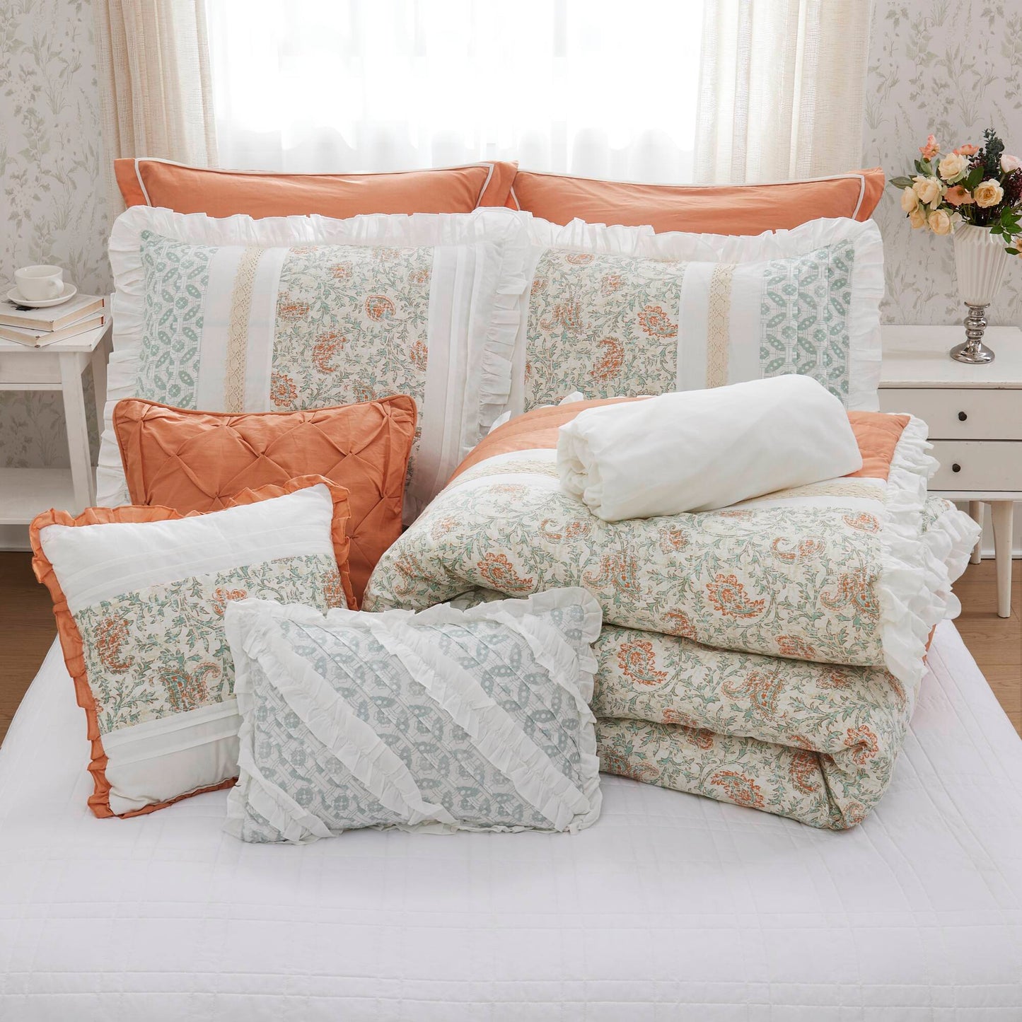 9 Piece Cotton Percale Comforter Set Coral Queen