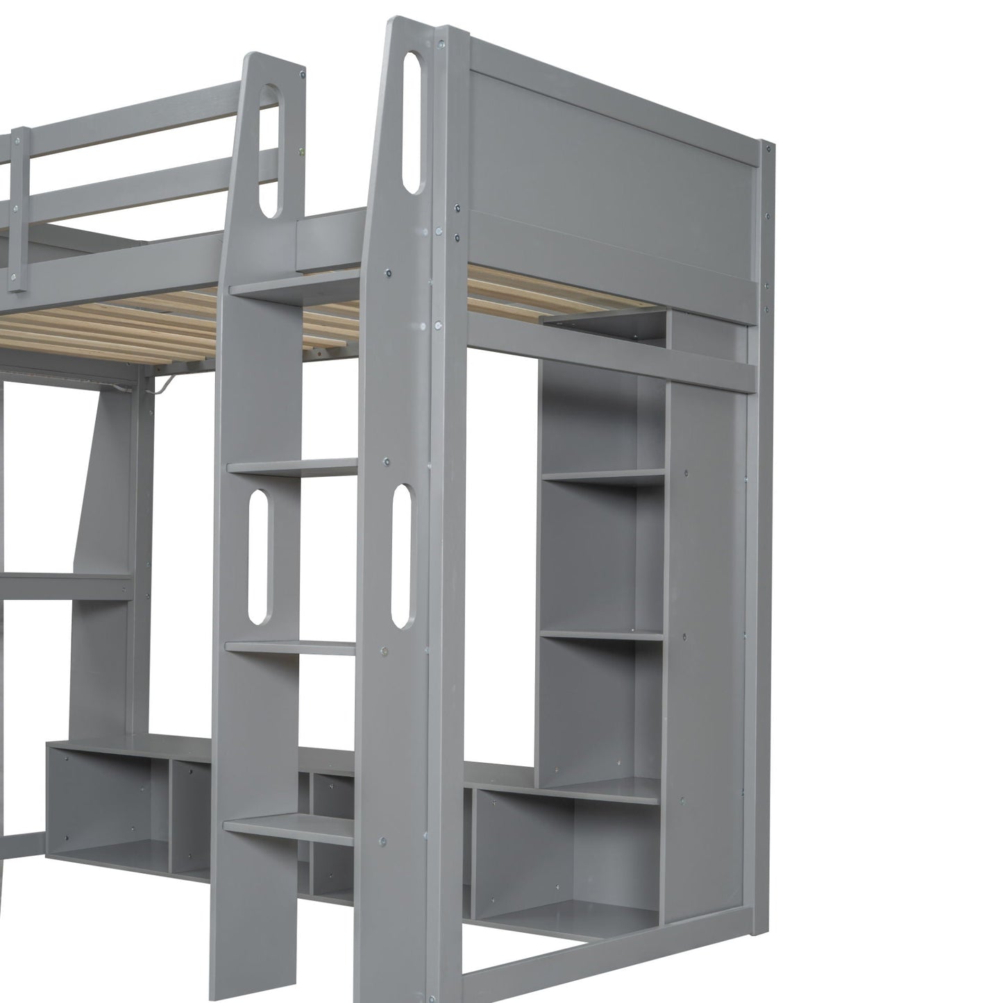 Gaming Loft Bed With Desk, Multi Storage Shelves, LED Lighting, And Hanging Clothes Rack