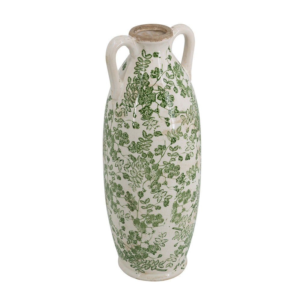 5.9x5.9x15.6' White Ceramic Flower Vase with Green Floral Pattern and Small Handles