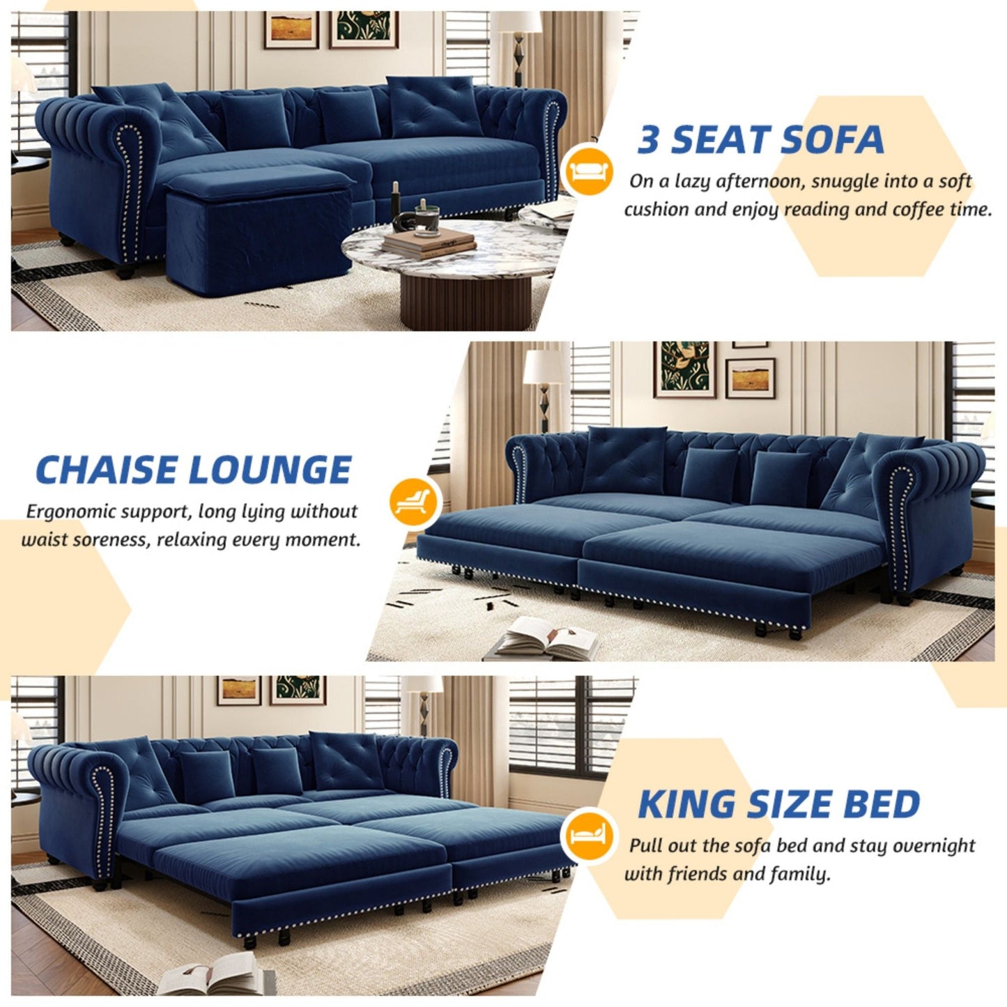 3 In 1 Pull Out Convertible Sleeper Sofa Bed, King Size, Chaise Lounge