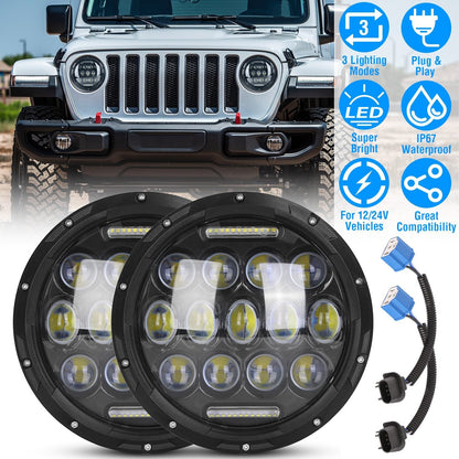 2Pcs 7In 75W Round LED Headlight 3800LM Halo Car Headlamp with DRL High Low Beam for Jeep Wrangler TJ JK CJ with H4 to H13 Adapters Plug and Play