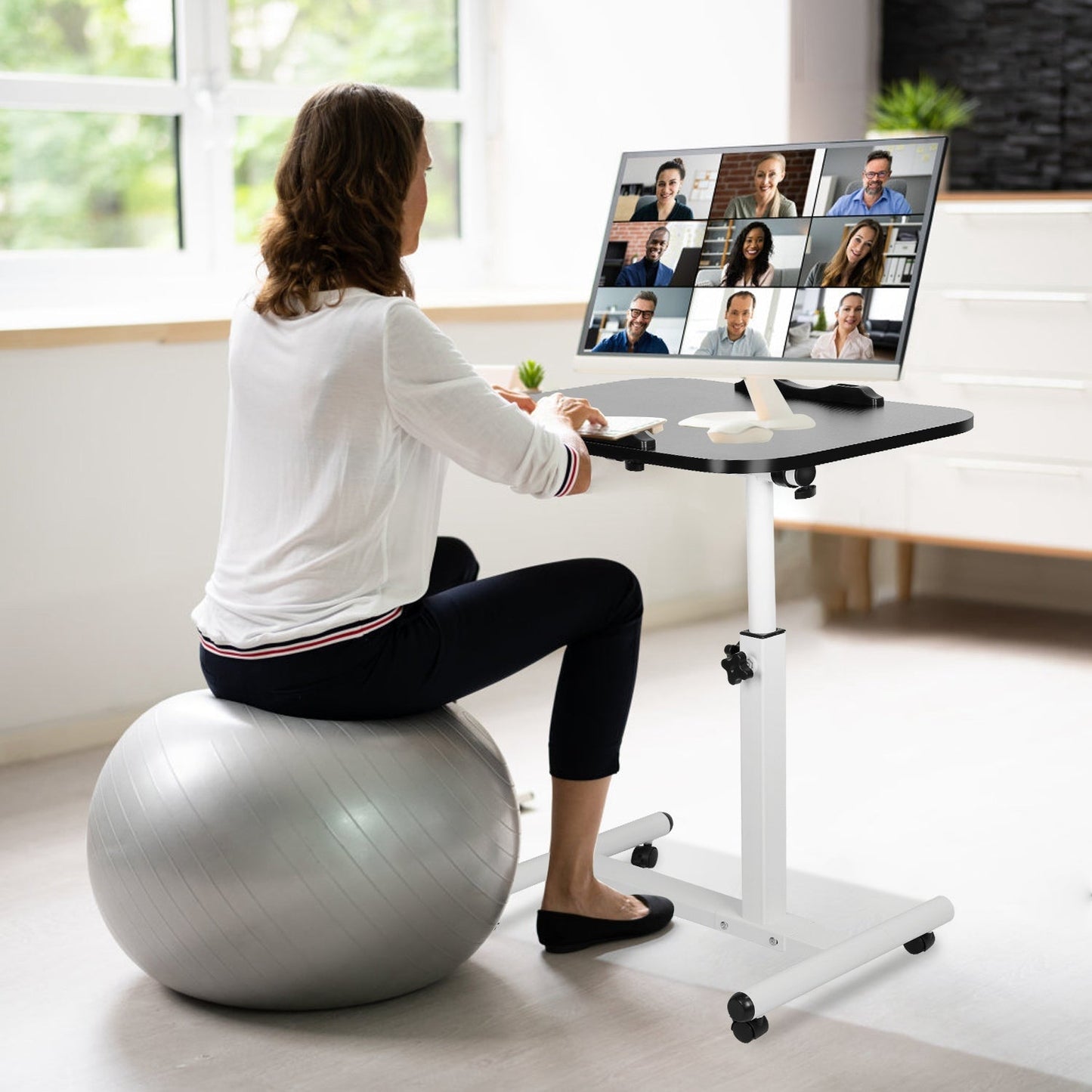 Rolling Laptop Table Portable Computer Desk Movable Table with Adjustable Height Tilting Angle