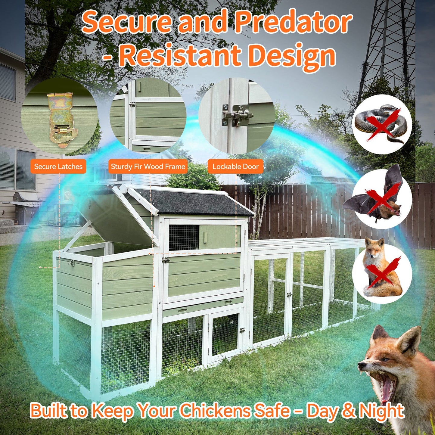 Wooden Chicken Coop, Large Outdoor Hen House with Run and Nesting Box
