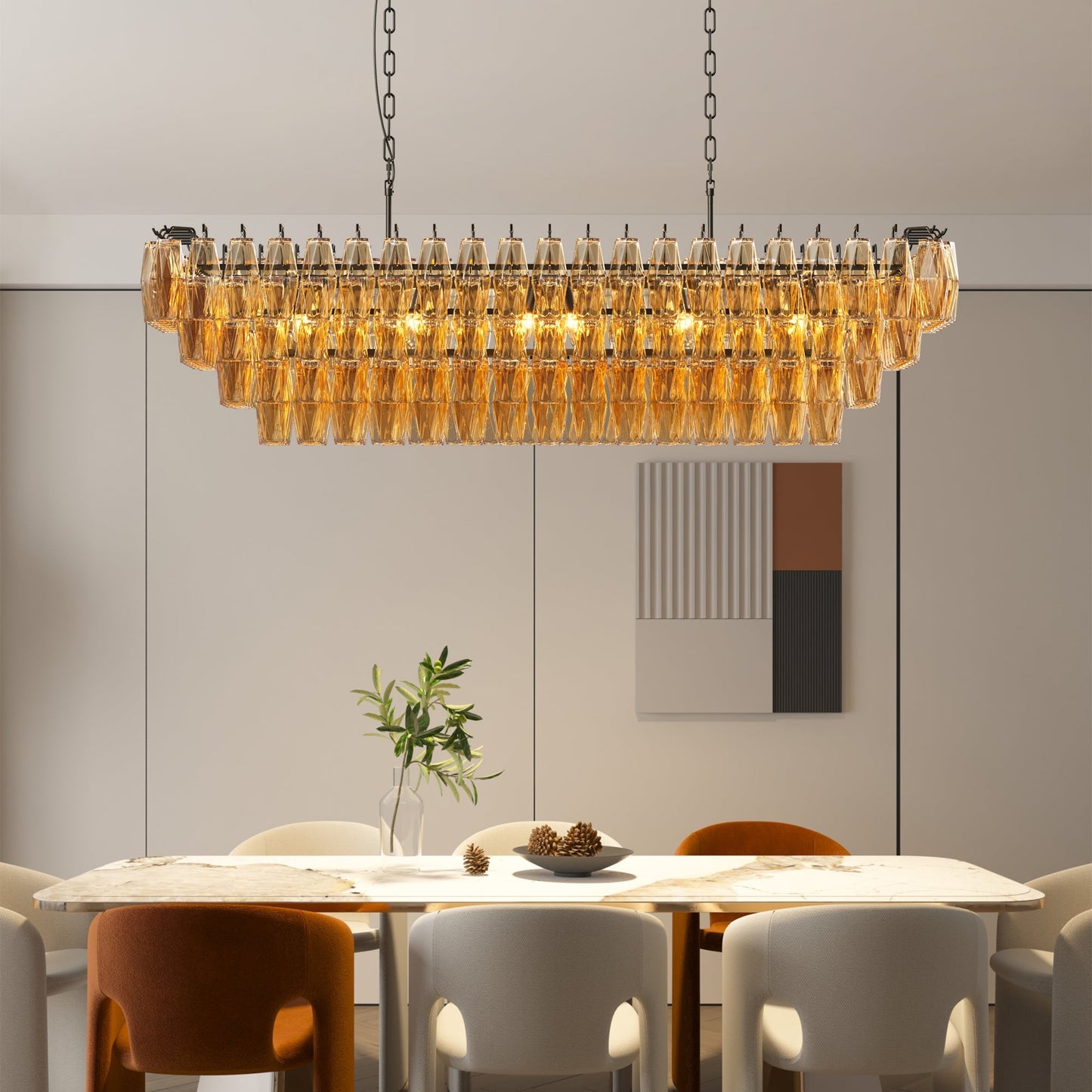 54-Inch Black Rectangular 12-Light Smoke Glass Chandelier
