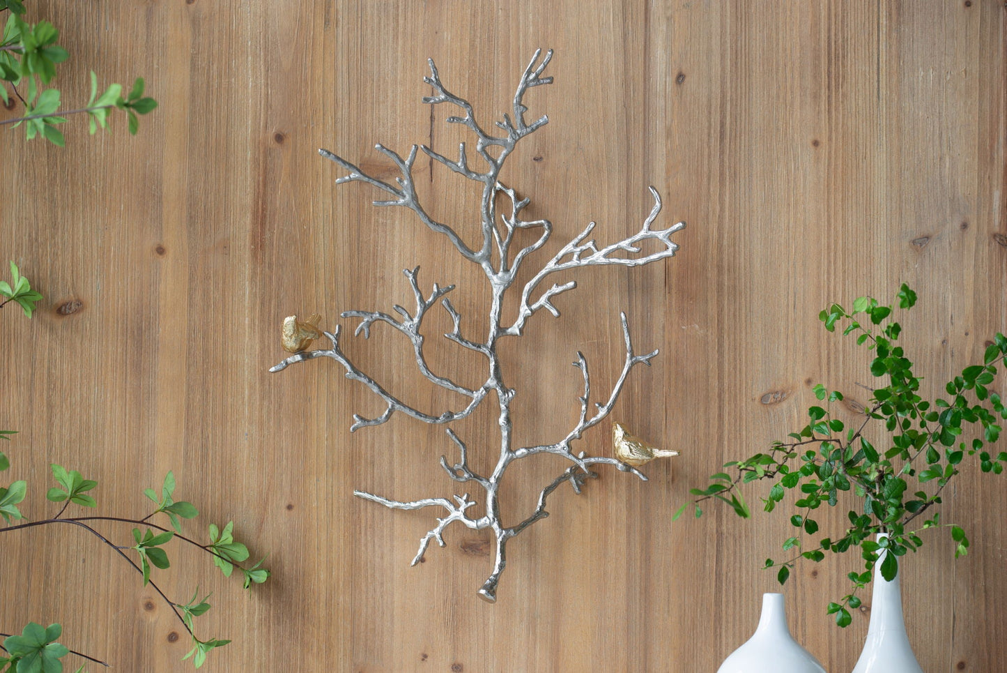 Metal Branch Wall Sculptures With Bird Accents (Set of 2) - Silver Multi