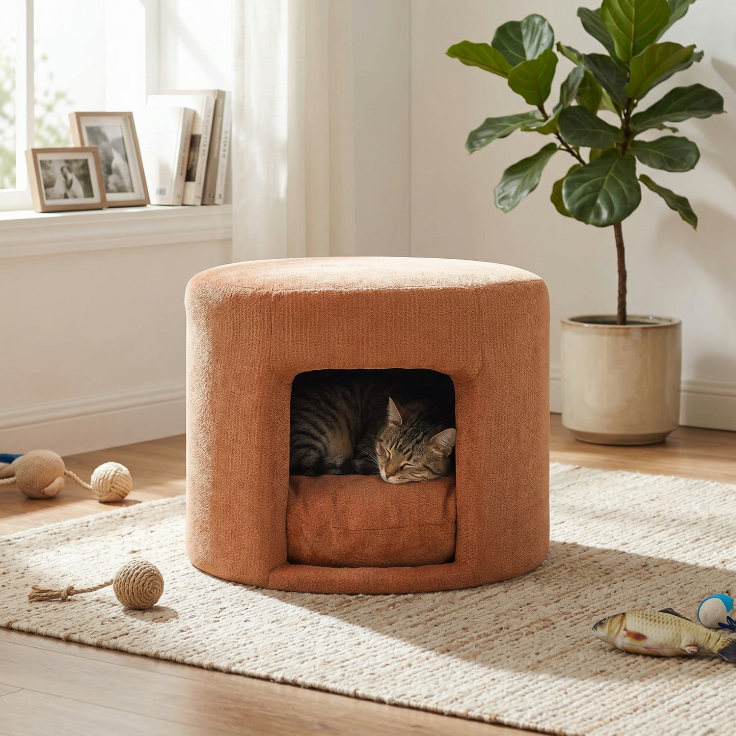 Orange Pet Friendly Ottoman with Removable Pet Cushion and Hidden Pet Nook