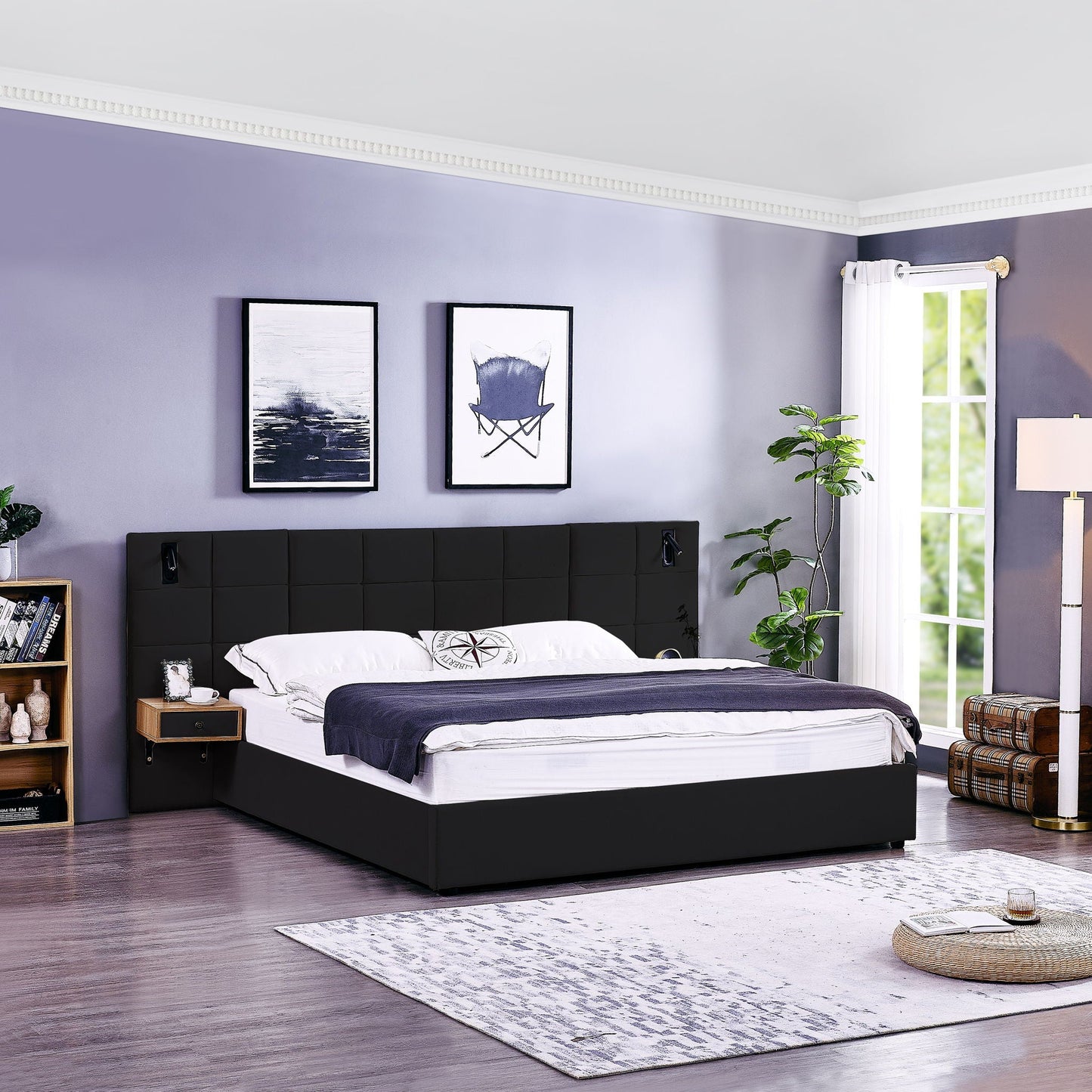 Upholstered Hydraulic Platform Bed With Storage Shelves, Reading Lamps, USB Port