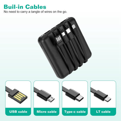 10000mAh Portable Charger Power Bank External Battery Pack w/ 4 Built-in Cables w/ LED Flashlight