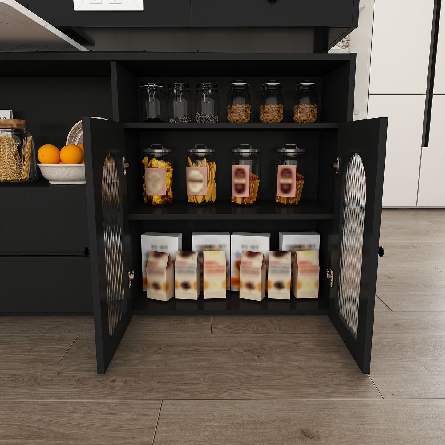 Kitchen Island With Extendable Rotating Table, 4 Drawers & Glass Door Cabinets, Built In Socket - Black