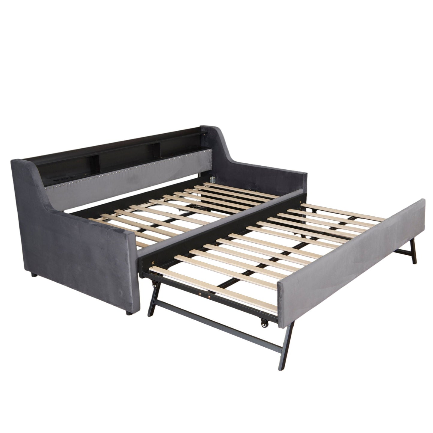 Twin Size Daybed With Trundle With LED Light ? Charging Station - Dark Gray