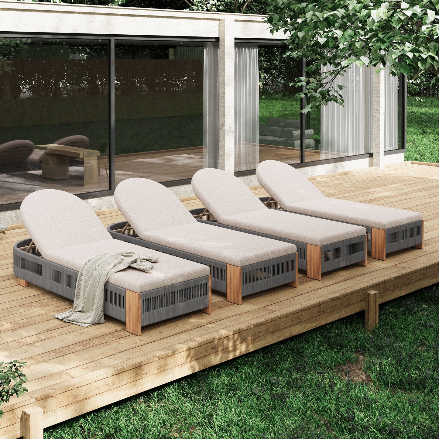 Outdoor Acacia Wood Patio Adjustable Lounge Chair Set of 4 - Grey Rope
