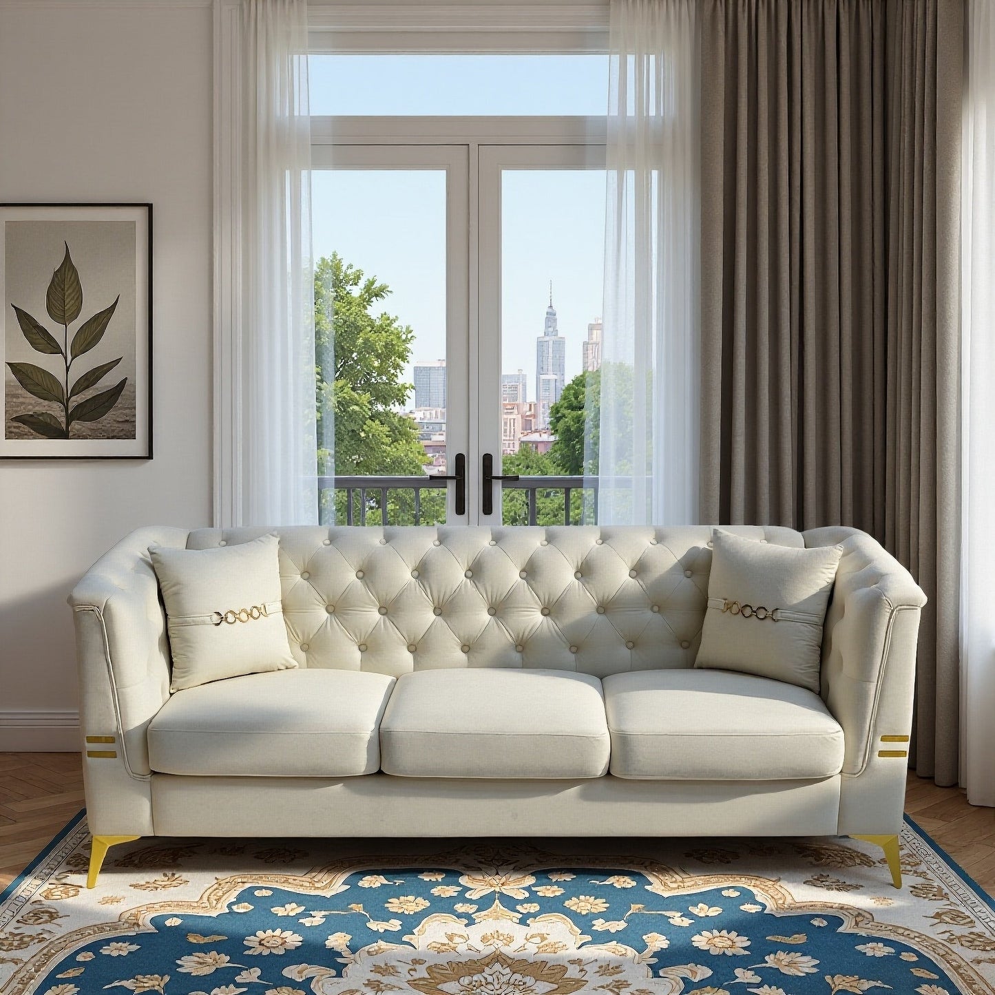 Modern Tufted Velvet Sofa with Gold Accents, 3-Seater