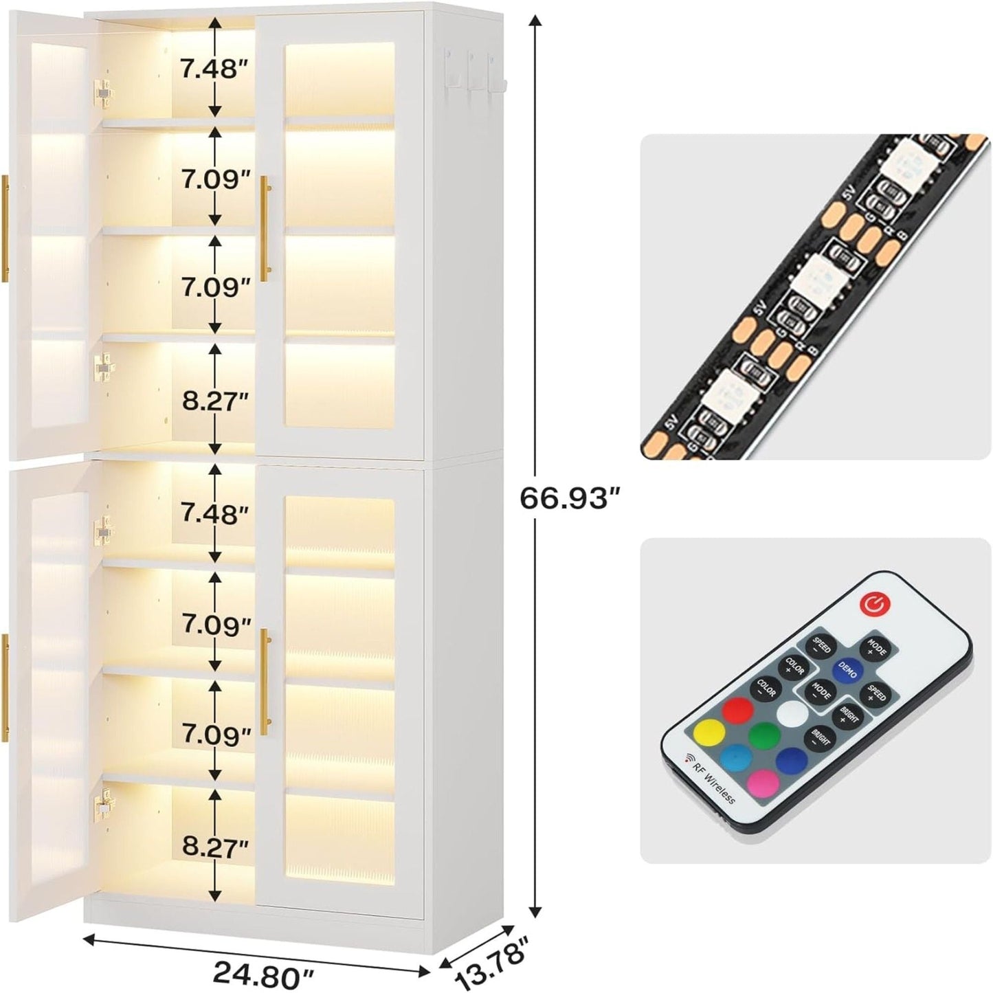 Bookcase With Doors And LED Lighting, 8 Adjustable Shelves Storage Cabinet