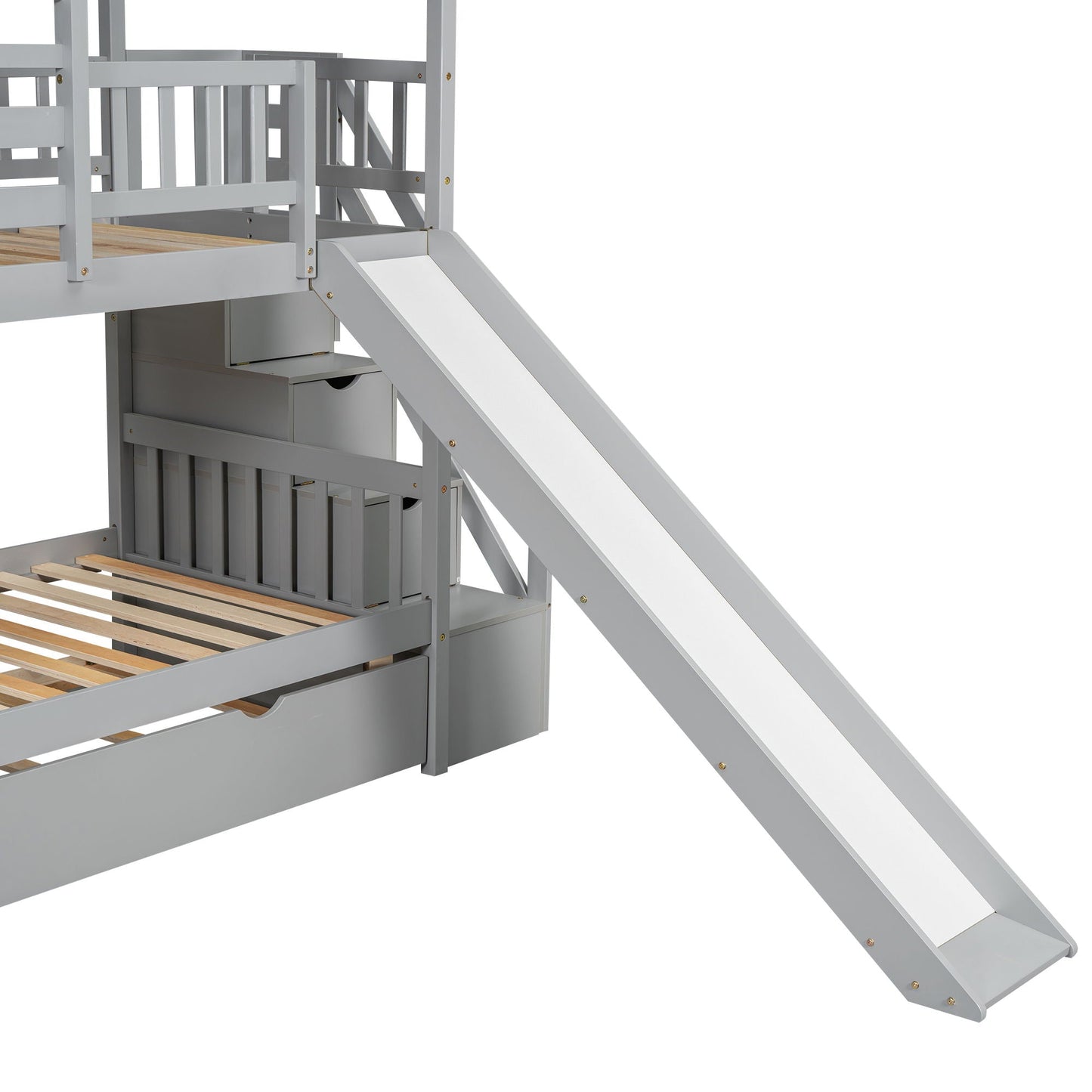 House Bunk Bed With Trundle, Storage Staircase, Roof And Window Design