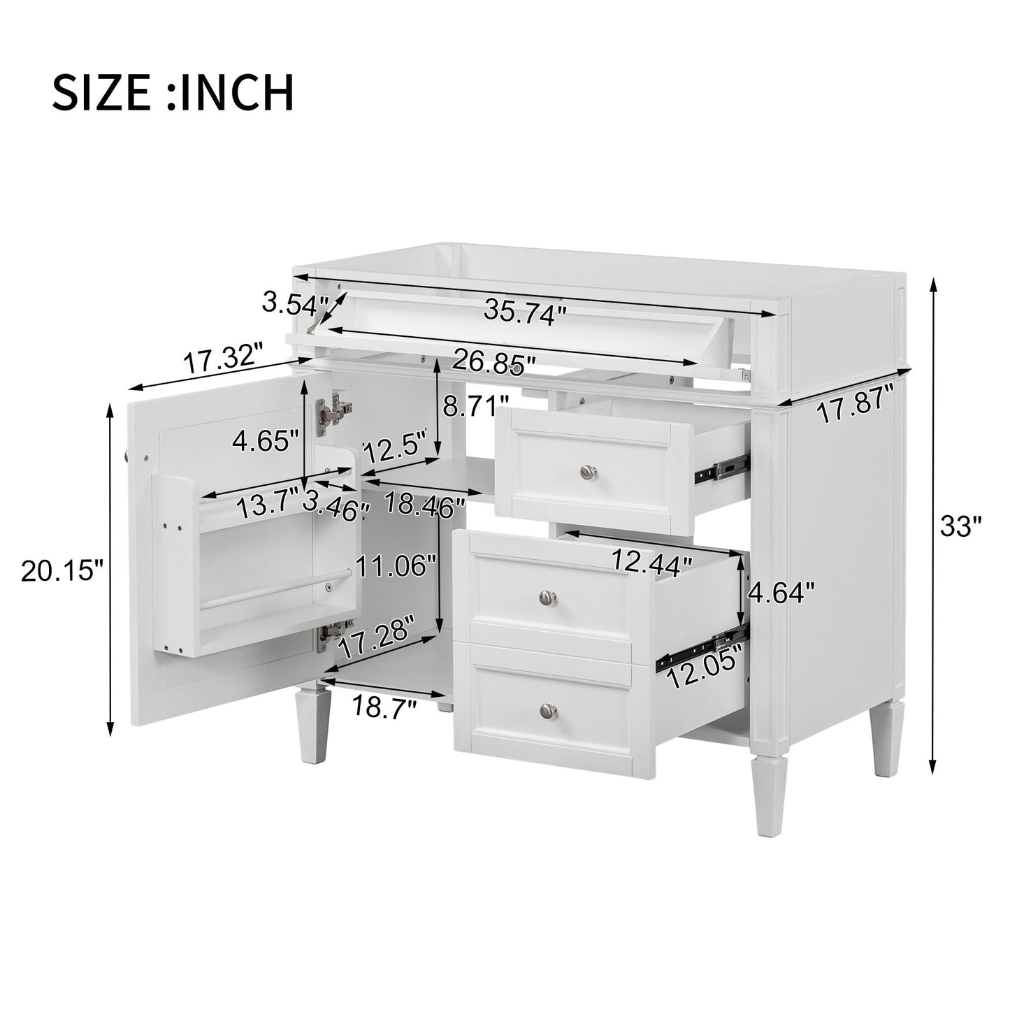 Bathroom Vanity With 2 Drawers And Tip-Out Drawer, Storage Cabinet