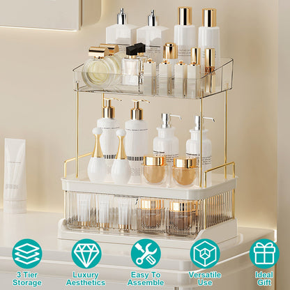 3 Tier Makeup Organizer for Vanity Large Capacity Skincare Shelf Bathroom Countertop Organizer with Drawer for Lipsticks Lotion Toner Perfumer Masks