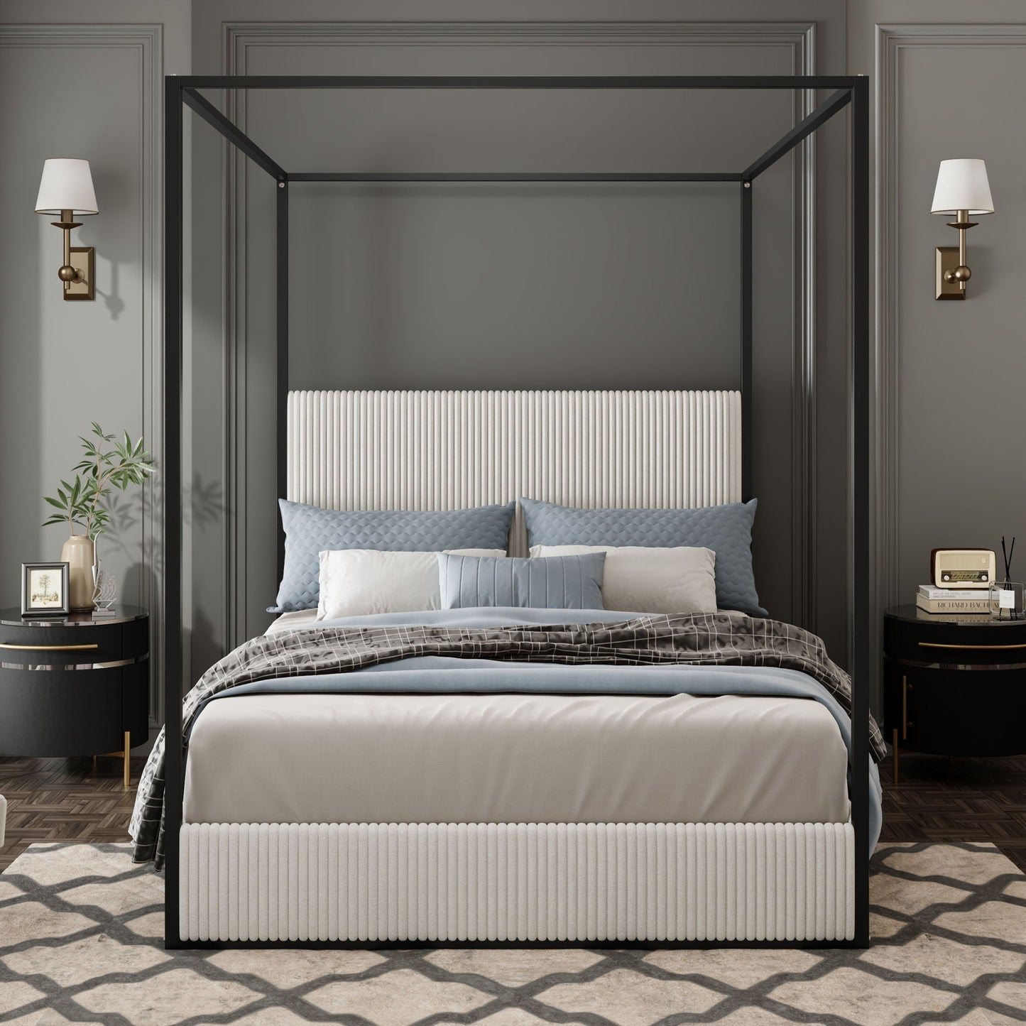 Canopy Bed With Tall Upholstered Headboard And 4 Poster