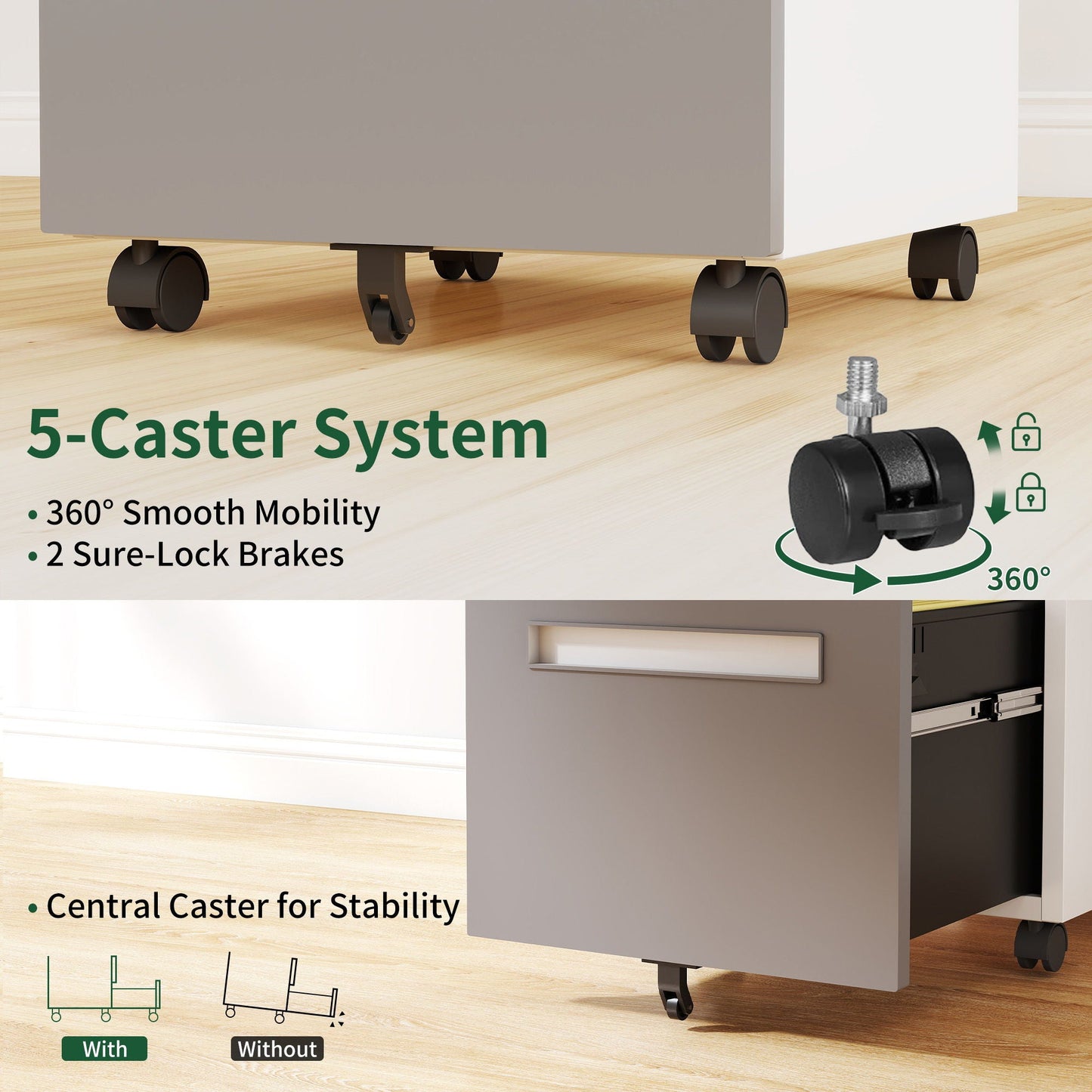 2-Drawer Mobile File Cabinet With Lock,On 360° Wheels, Holds A4/Letter/Legal Files - White