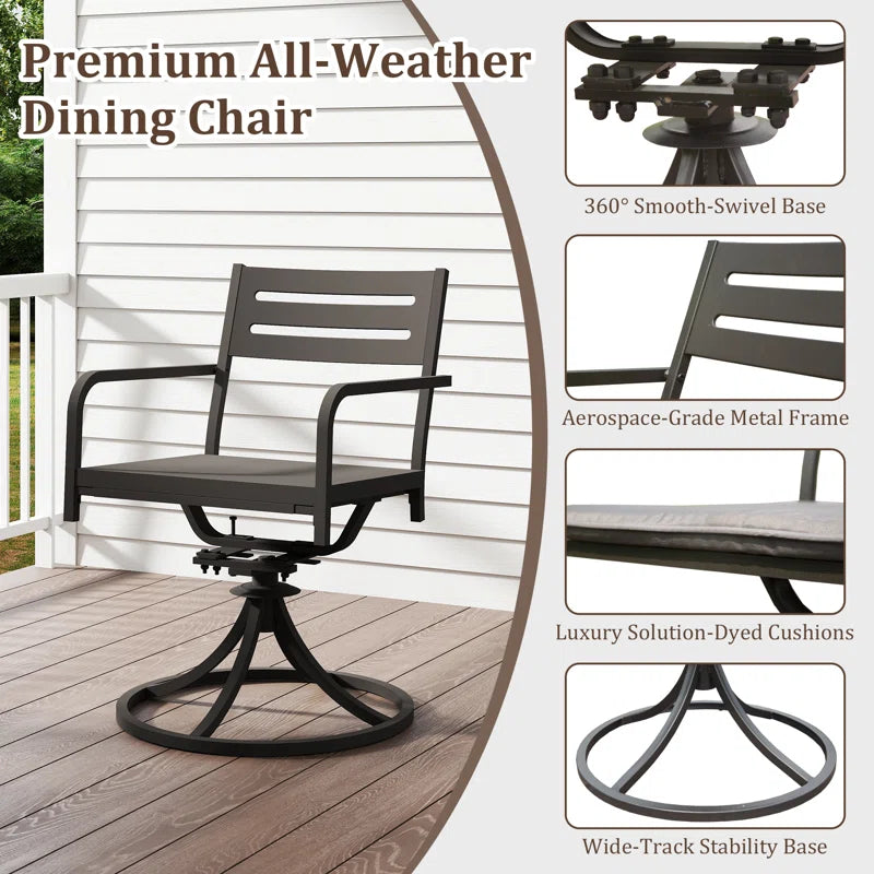 Set of 2 Powder-Coated Steel 360° Swivel Outdoor Dining Chairs with All-Weather Cushions