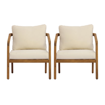 Acacia Wood Outdoor Patio Club Chair with PE Wicker Backrest & Cushions (Set of 2)