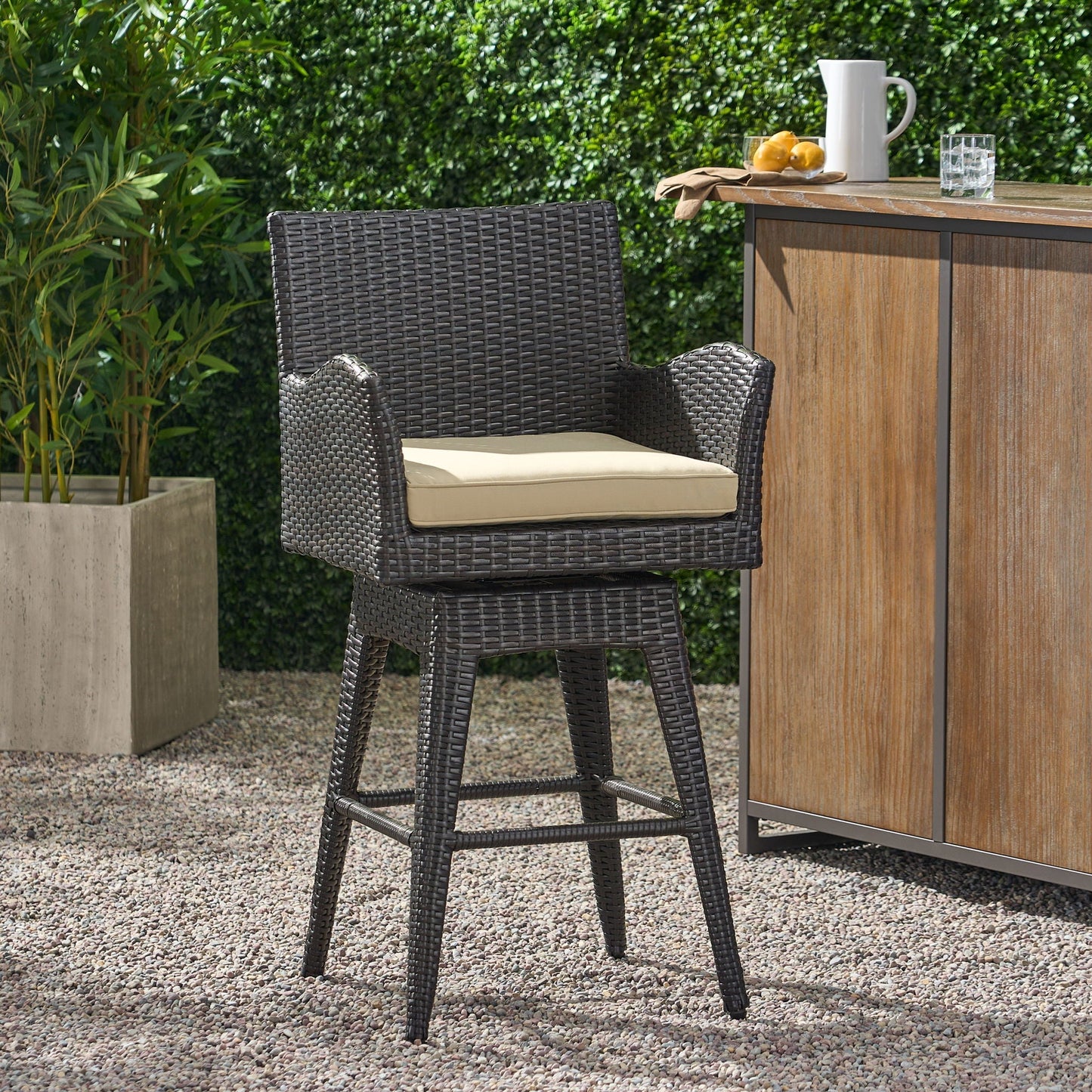 Outdoor Modern Rattan Swivel Barstool with Tapered Legs