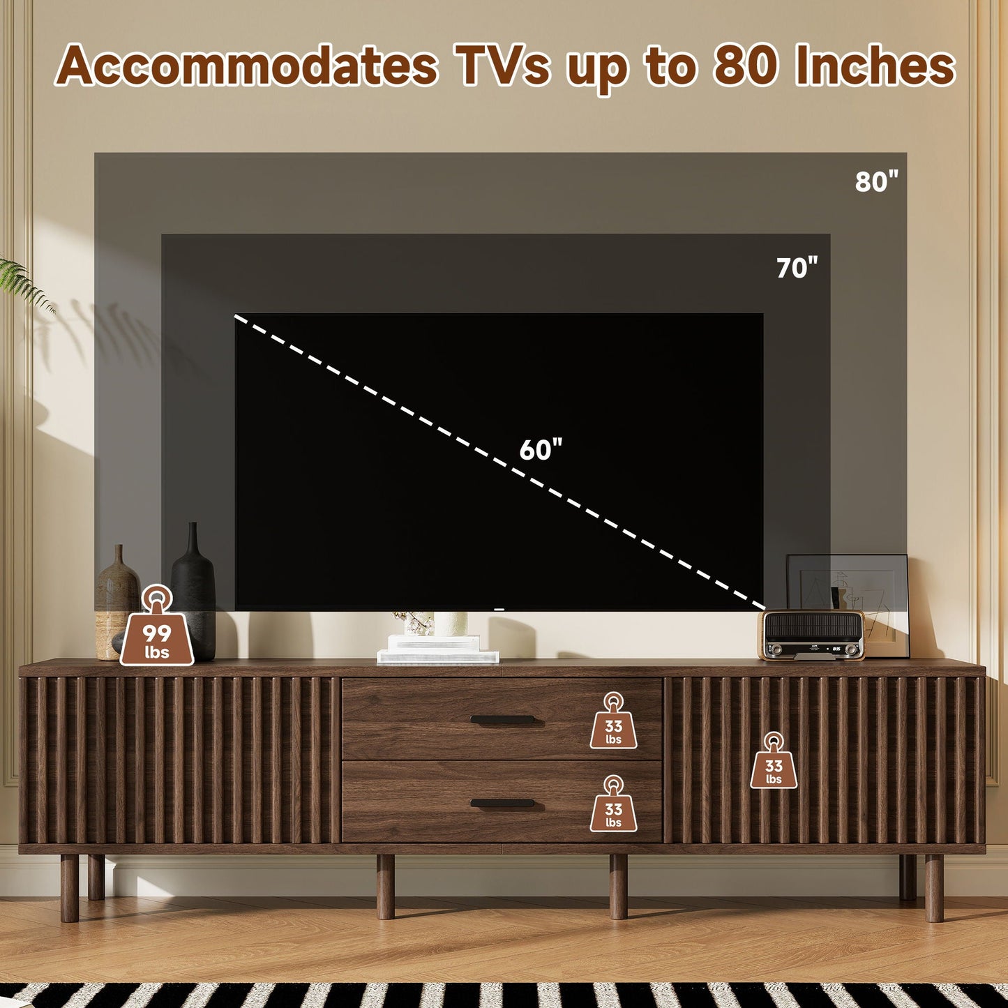 TV Stand For TVs Up To 80", Media Entertainment Center With Ample Storage - Dark Brown