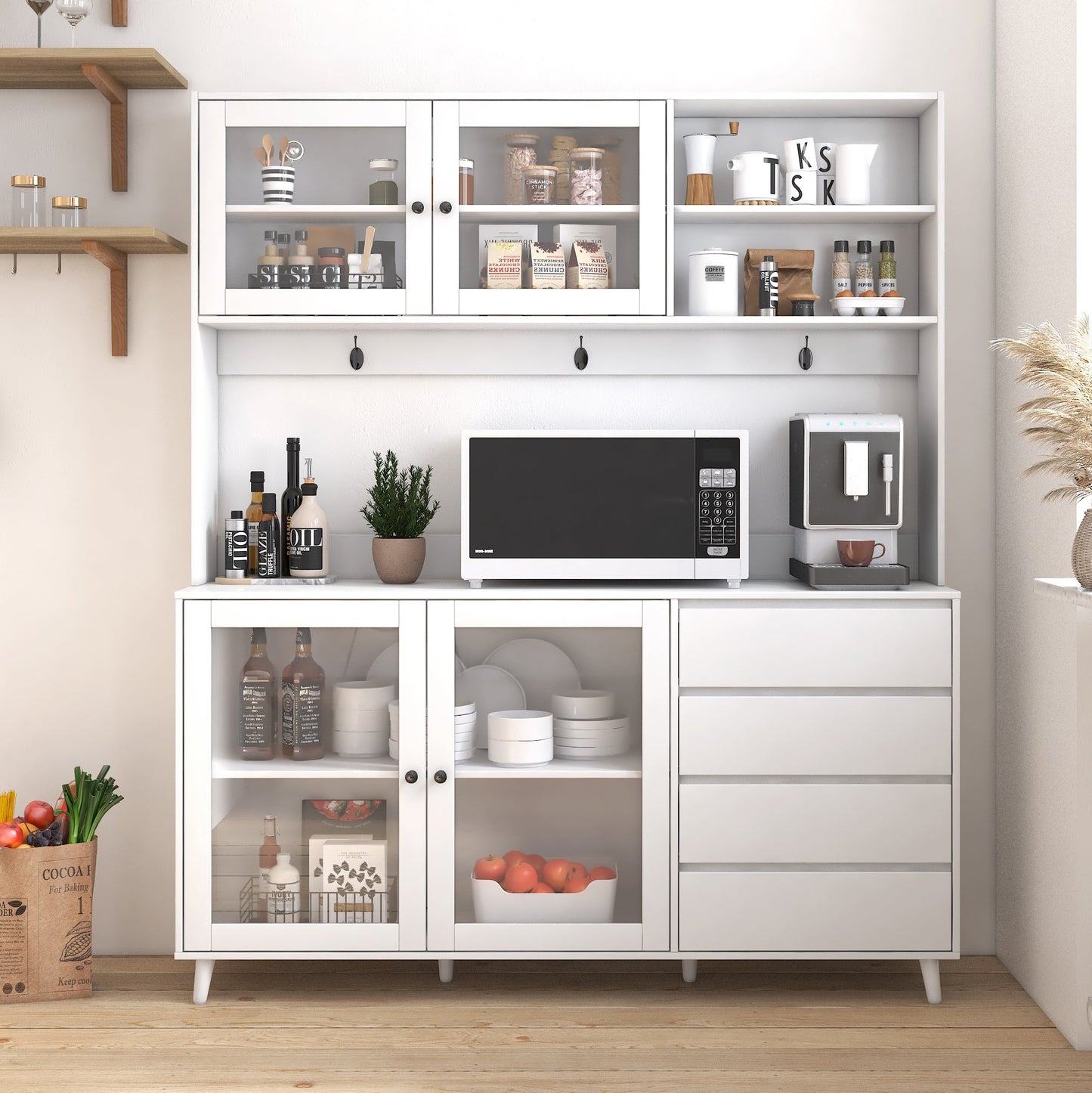 63" W Large Kitchen Hutch Cabinet, Freestanding Pantry Storage