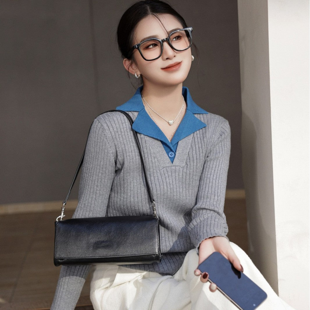 New Genuine Leather Women's Bag, High-End Feel Baguette Bag, Niche Design Shoulder And Underarm Bag, Light Luxury Crossbody Bag