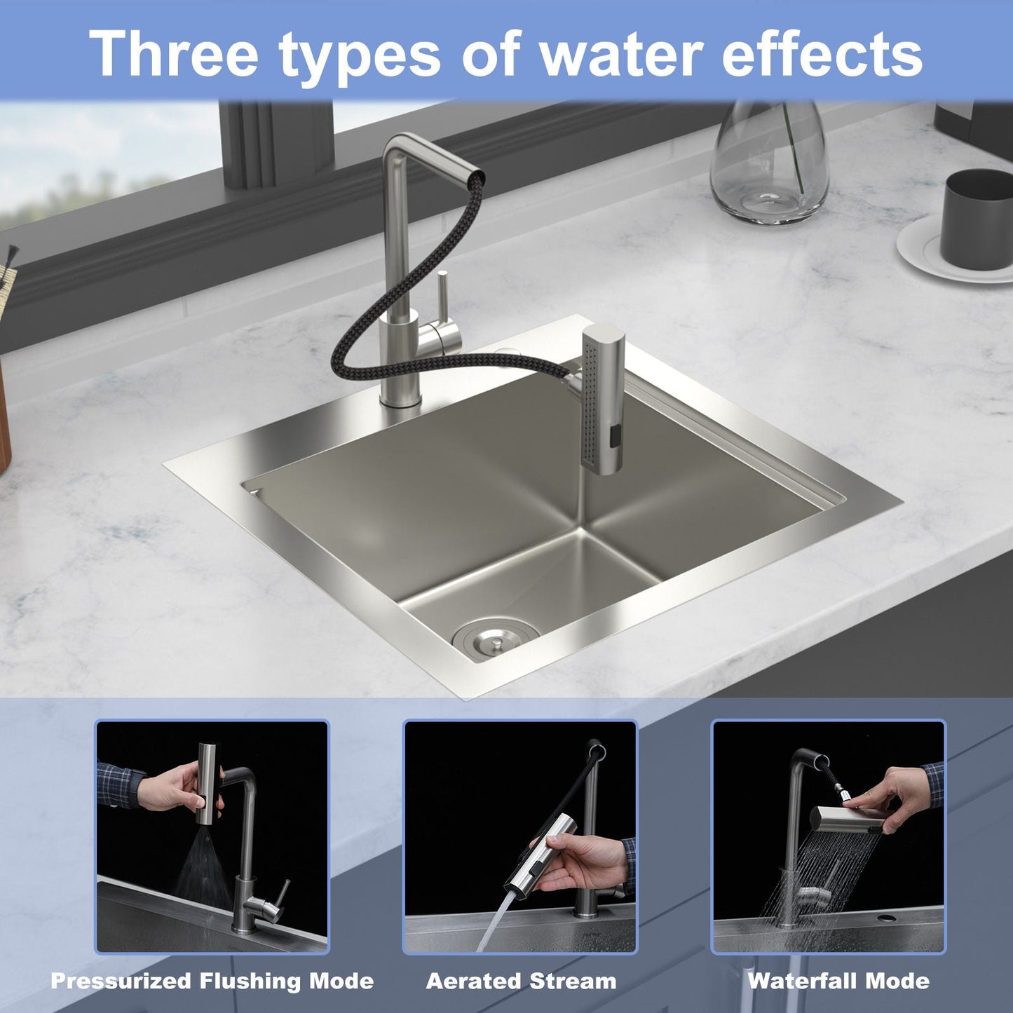 21" Drop In Kitchen Sink With Pull Out Faucet And Sink Cover, 16 Gauge - Brushed Nickel