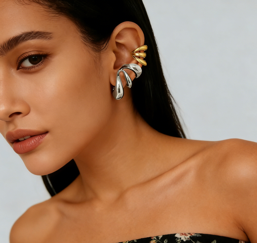 C-Shaped Hoop Ear Cuffs with Spiral & Teardrop Design