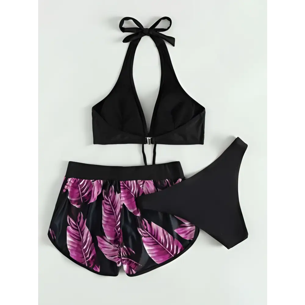 3pcs Leaf Print Bikini with Shorts Fashion Summer